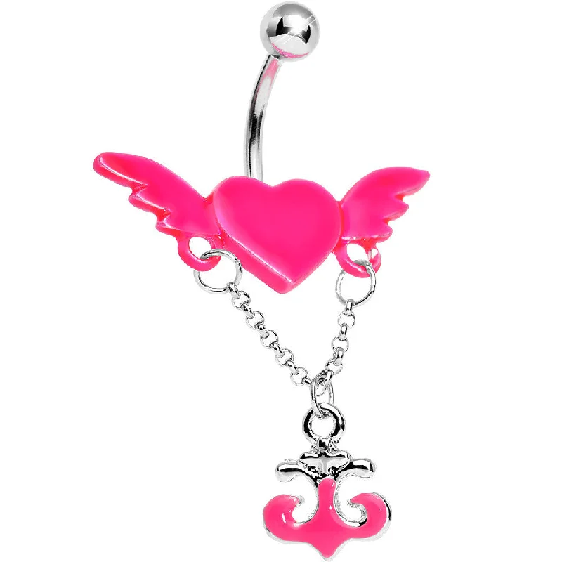 Comfortable Belly Rings for Elegant Comfort -Neon Pink Angel Wing Heart with Nautical Anchor Drop Dangle Belly Ring