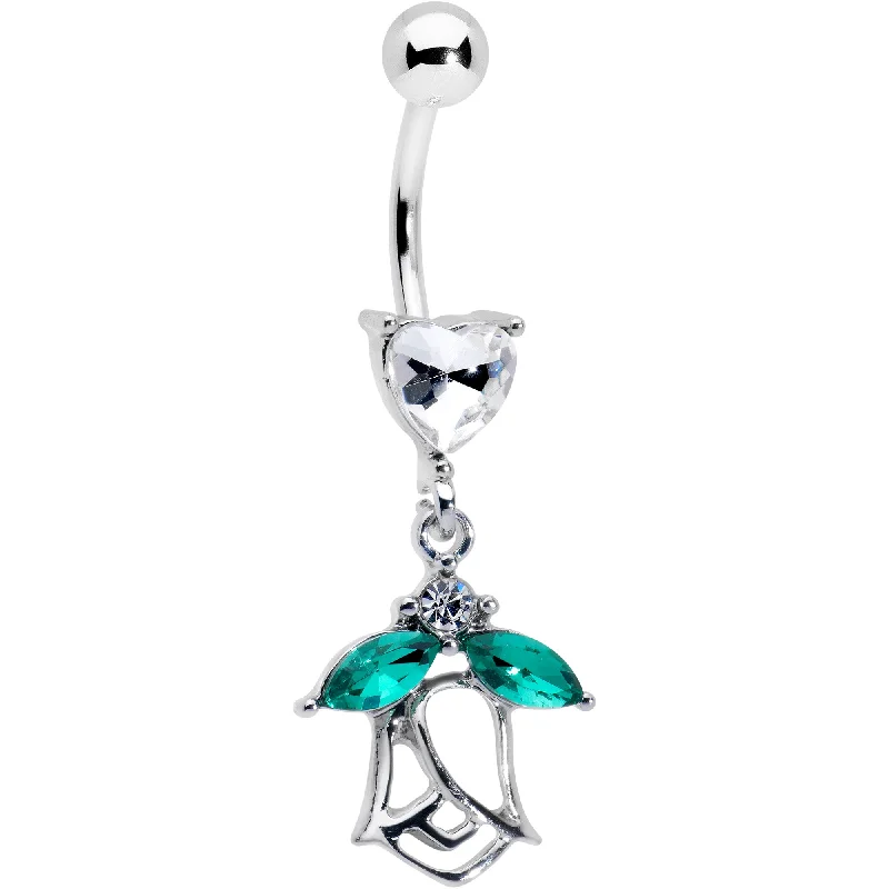 Comfortable Belly Rings for Fashion-Forward Women -Clear CZ Gem Heart And Rose Dangle Belly Ring Comfortable Belly Rings for Fashion-Forward Women -Clear CZ Gem Heart And Rose Dangle Belly Ring