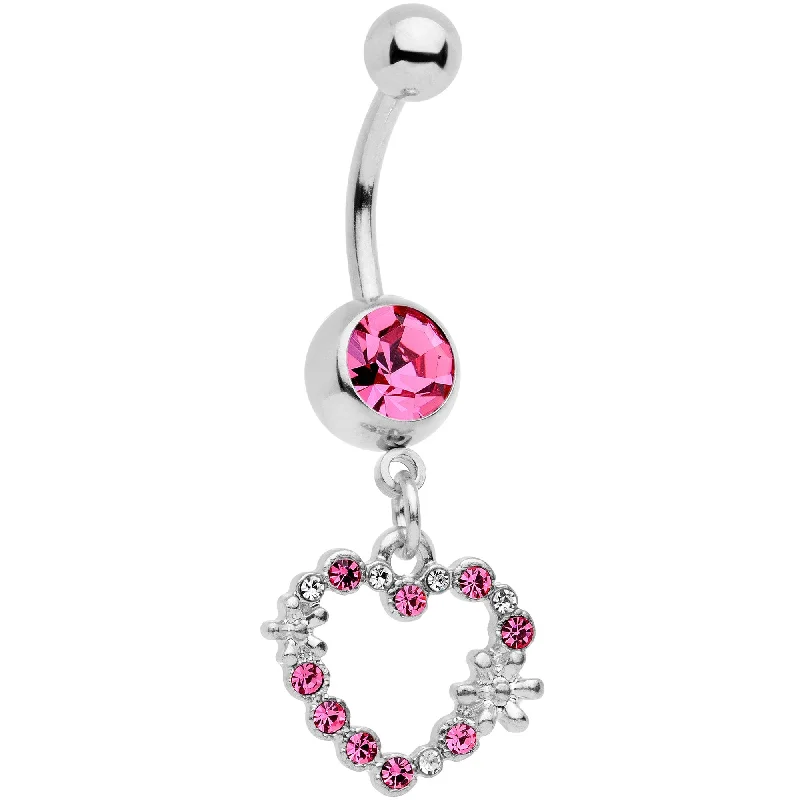 Comfortable Belly Rings with Custom Finish -Clear Pink Gem Valentine Flower Burst Heart Dangle Belly Ring Comfortable Belly Rings with Custom Finish -Clear Pink Gem Valentine Flower Burst Heart Dangle Belly Ring