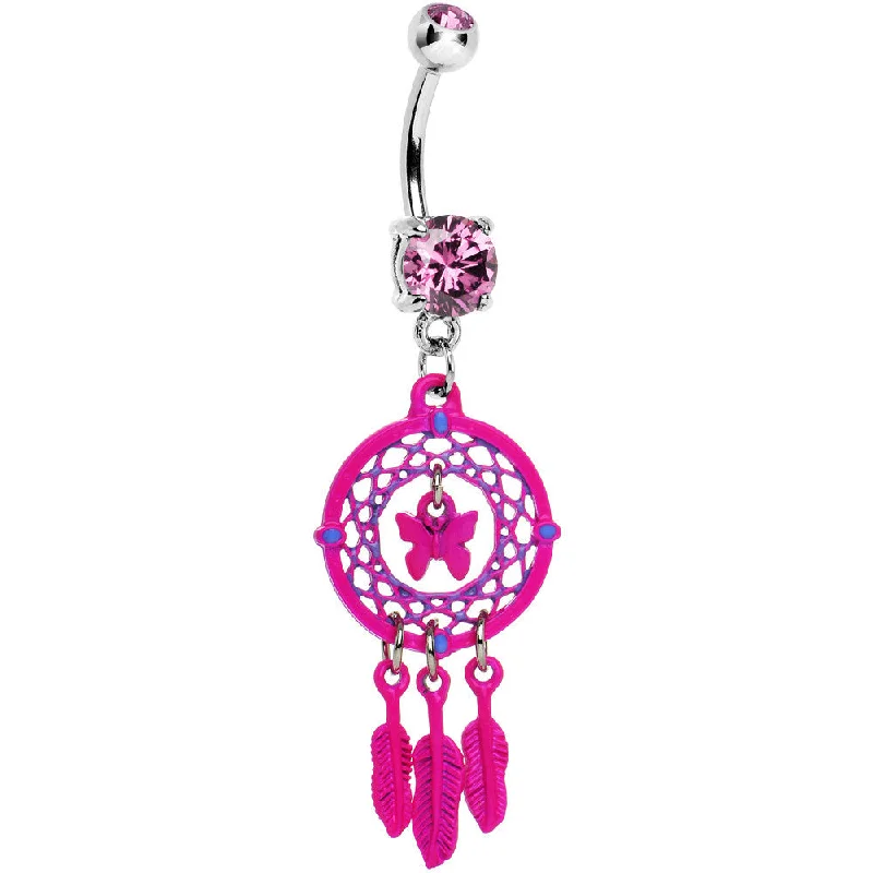 Comfortable Belly Rings for Casual Fashion -Pink Gem Butterfly Dream Catcher Dangle Belly Ring Comfortable Belly Rings for Casual Fashion -Pink Gem Butterfly Dream Catcher Dangle Belly Ring