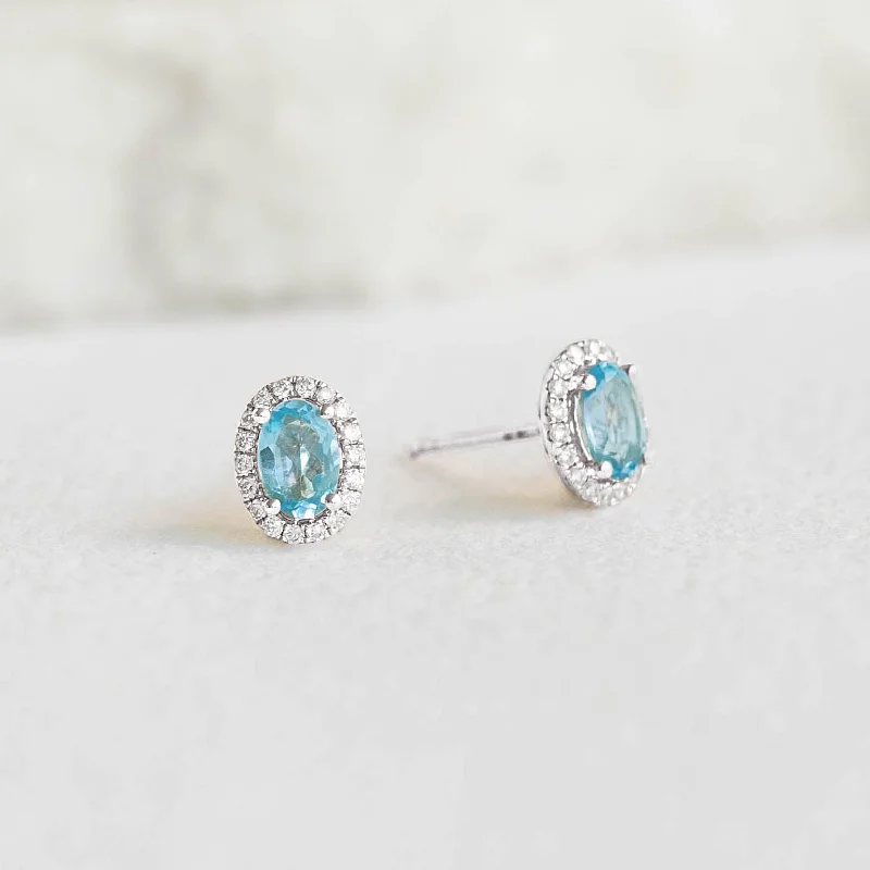 Women's Earrings – Elegant Designs for Every Personality--Swiss Blue Topaz Halo Stud Earrings White Gold - Marzia
