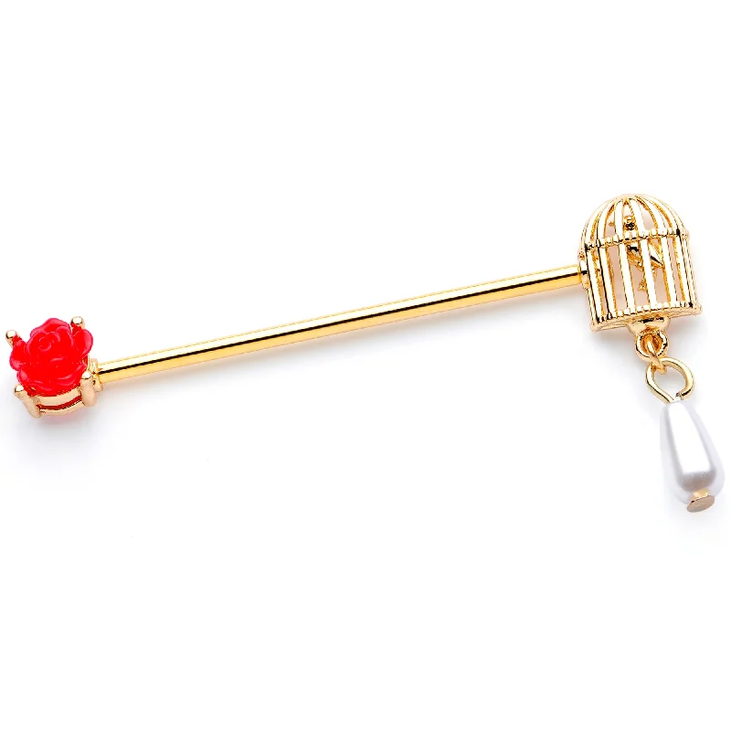 Women's Earrings – Elegant Designs for Every Personality--14 Gauge Gold Tone Red Flower Birdcage Industrial Barbell 38mm