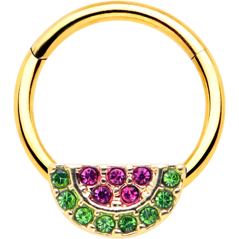 Nose Rings for Evening Events -16 Gauge 3/8 Pink Green Gem Gold Hue Watermelon Yum Hinged Segment Ring Nose Rings for Evening Events -16 Gauge 3/8 Pink Green Gem Gold Hue Watermelon Yum Hinged Segment Ring