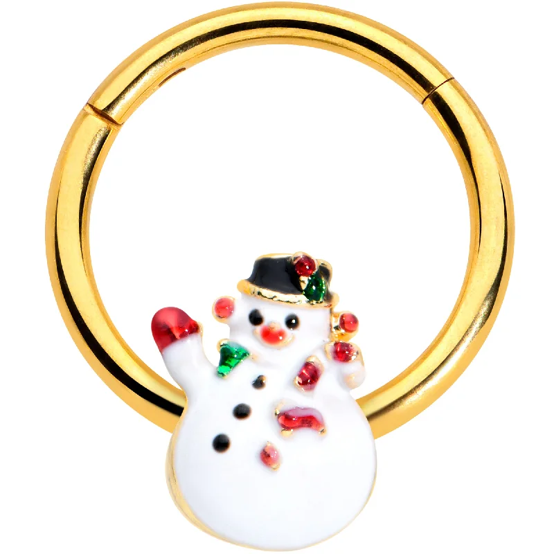 Trendy Nose Rings with Sparkling Finishes -16 Gauge 3/8 Gold Tone Waving Snowman Christmas Hinged Segment Ring Trendy Nose Rings with Sparkling Finishes -16 Gauge 3/8 Gold Tone Waving Snowman Christmas Hinged Segment Ring