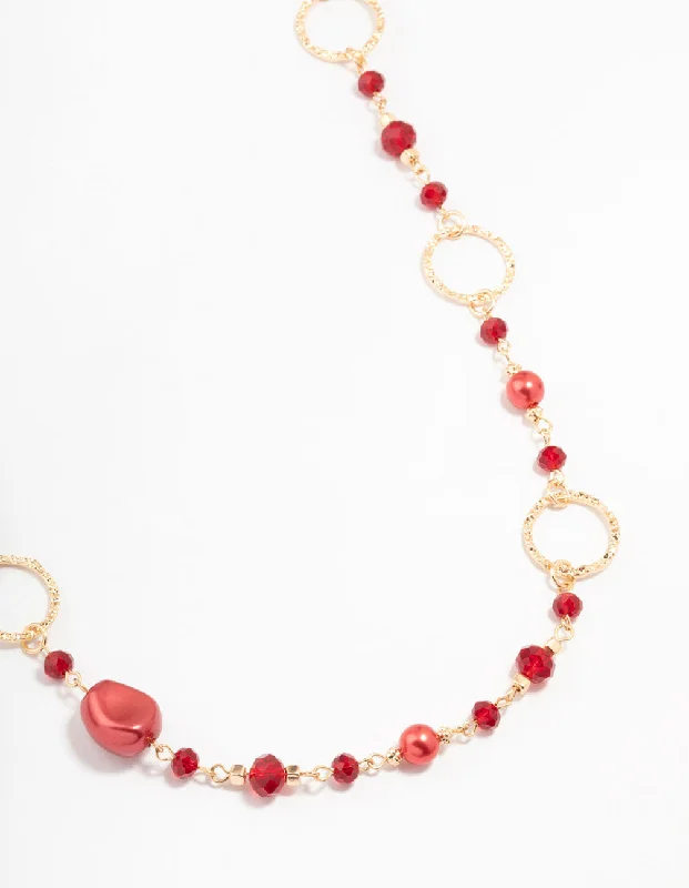 Shop Classic Women's Necklaces & Pendants with a Modern Twist-Gold Long Red Stone Mixed Beads Necklace Shop Classic Women's Necklaces & Pendants with a Modern Twist-Gold Long Red Stone Mixed Beads Necklace