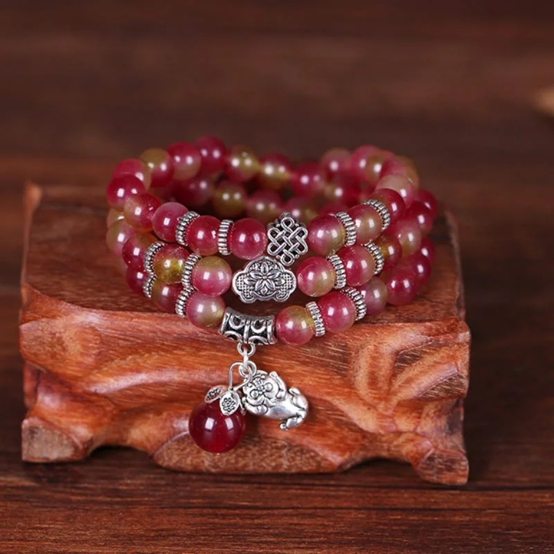 Stylish Beaded Bangle Bracelets for Women-Buddha Stones Natural Watermelon Tourmaline PiXiu Elephant Positive Triple Wrap Bracelet Stylish Beaded Bangle Bracelets for Women-Buddha Stones Natural Watermelon Tourmaline PiXiu Elephant Positive Triple Wrap Bracelet
