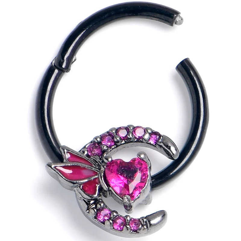 Women's Earrings – Elegant Designs for Every Personality--16 Gauge 3/8 Pink Gem Black Butterfly Heart Moon Hinged Segment Ring