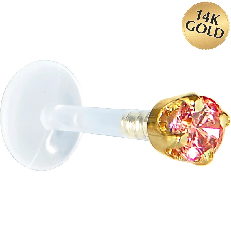 Women's Earrings – Elegant Designs for Every Personality--16 Gauge 5/16 Solid 14KT Yellow Gold 3mm Salmon Cubic Zirconia Bioplast Tragus Earring Stud