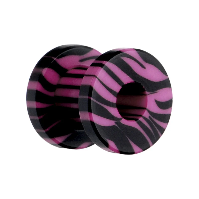 Women's Earrings – Elegant Designs for Every Personality--2 Gauge Pink and Black Zebra Striped Acrylic Threaded Tunnel