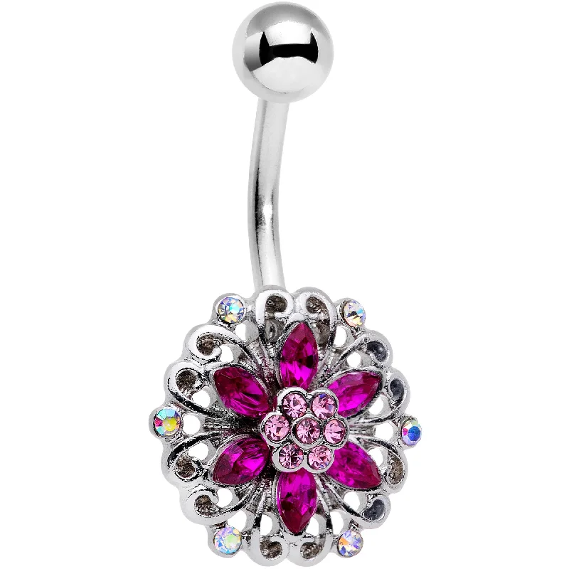 Designer Belly Rings for Unique Style -Pink Purple Gem Round Flower Belly Ring