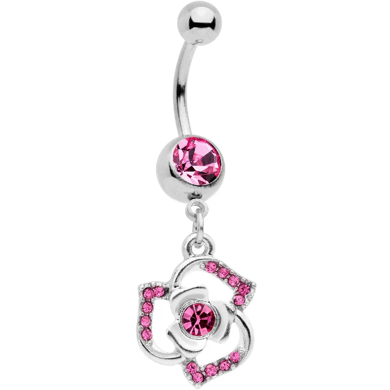 Comfortable Belly Rings for Unique Look -Pink Gem Single Rose Flower Dangle Belly Ring Comfortable Belly Rings for Unique Look -Pink Gem Single Rose Flower Dangle Belly Ring