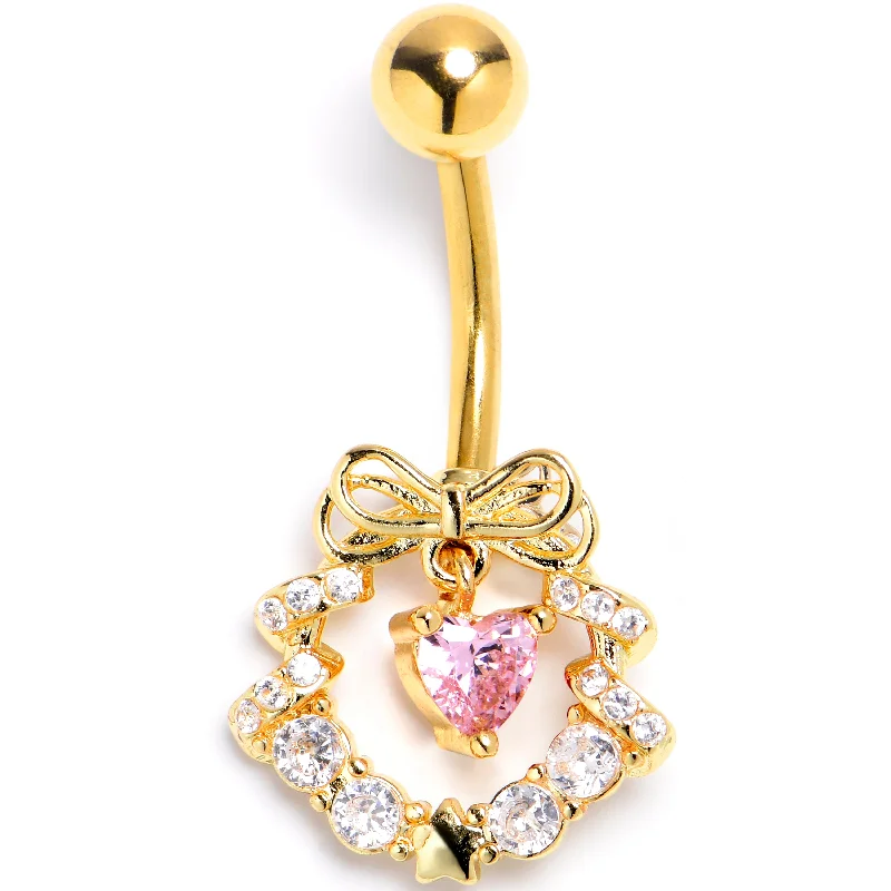 Stylish Belly Rings for Bold Statements -Clear Pink CZ Gem Gold Tone Heart Wreath of Love Belly Ring Stylish Belly Rings for Bold Statements -Clear Pink CZ Gem Gold Tone Heart Wreath of Love Belly Ring