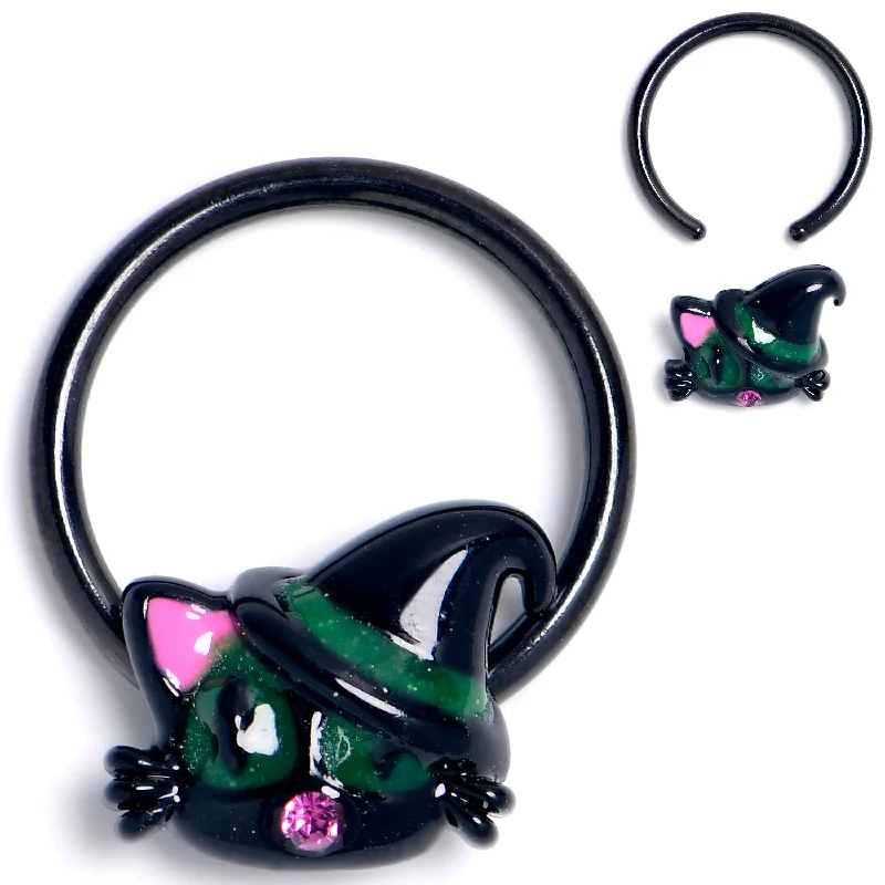 Women's Earrings – Elegant Designs for Every Personality--16 Gauge 3/8 Pink Gem Black Halloween Hat Cat BCR Captive Ring