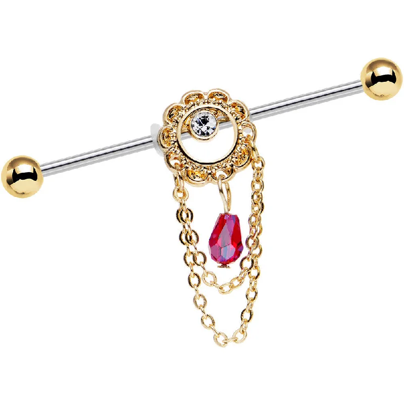 Women's Earrings – Elegant Designs for Every Personality--14 Gauge Pinkish Red Gem Ornate Flower Crown Industrial Barbell 38mm Women's Earrings – Elegant Designs for Every Personality--14 Gauge Pinkish Red Gem Ornate Flower Crown Industrial Barbell 38mm