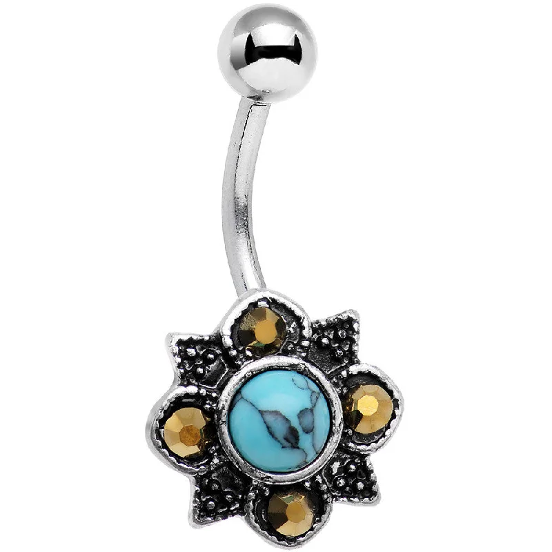 Comfortable Belly Rings with Vibrant Detailing -Yellow Gem Faux Turquoise Southwest Flower Belly Ring Comfortable Belly Rings with Vibrant Detailing -Yellow Gem Faux Turquoise Southwest Flower Belly Ring