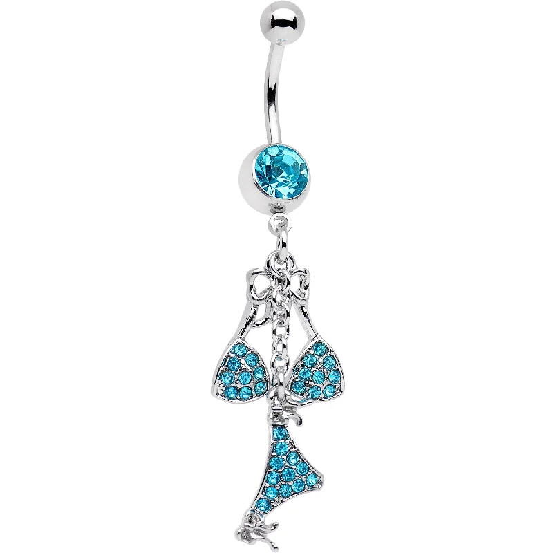 Stylish Belly Rings with Vibrant Colors -Aqua Gem Unraveled Bow Dangle Belly Ring