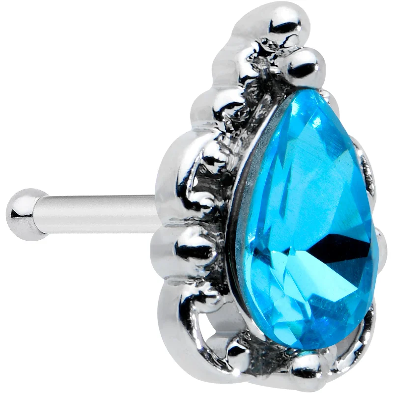 Affordable Designer Nose Rings -20 Gauge 1/4 Blue Gem Textured Art Deco Nose Bone