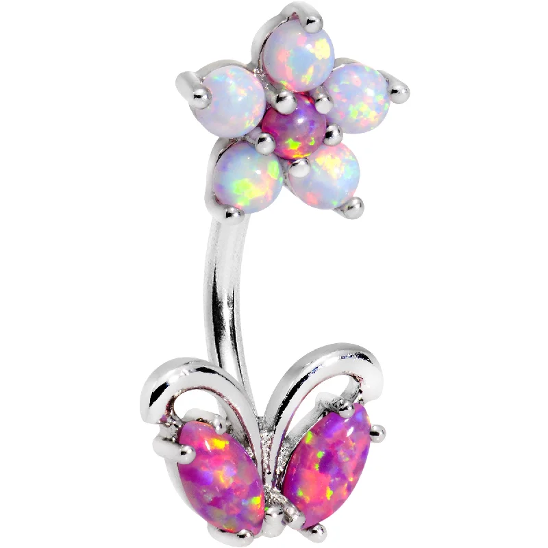 Custom Belly Rings for Personalized Style -Pink White Faux Opal Flourishing Flower Double Mount Belly Ring Custom Belly Rings for Personalized Style -Pink White Faux Opal Flourishing Flower Double Mount Belly Ring