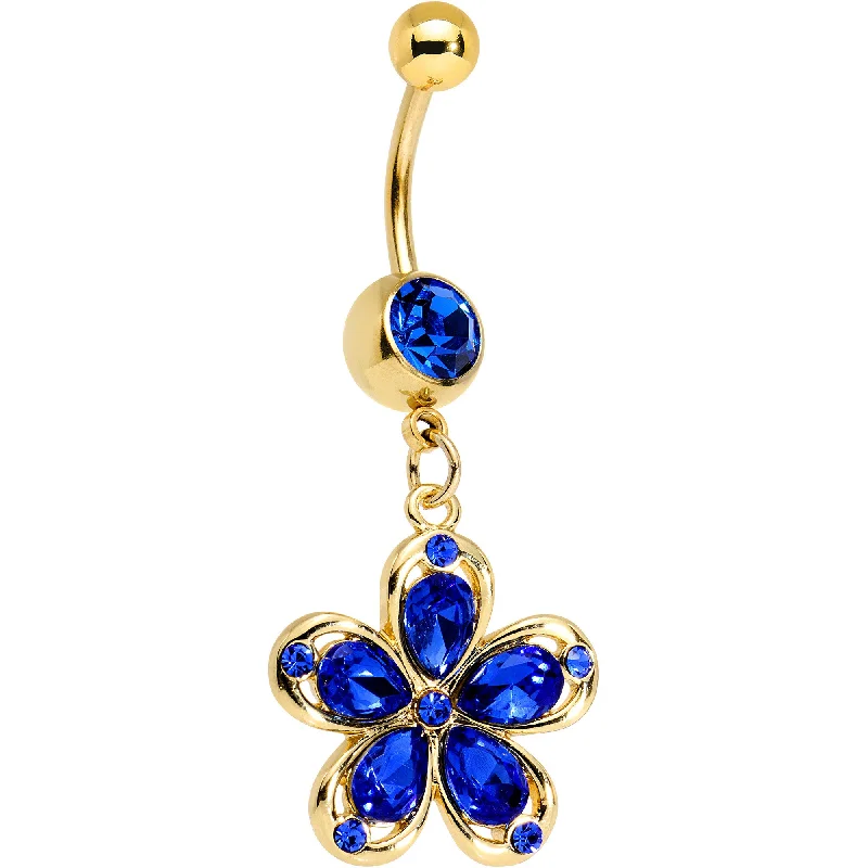 Belly Rings with Classic Design for Timeless Appeal -Blue Gem Gold PVD Zinnia Flower Dangle Belly Ring Belly Rings with Classic Design for Timeless Appeal -Blue Gem Gold PVD Zinnia Flower Dangle Belly Ring