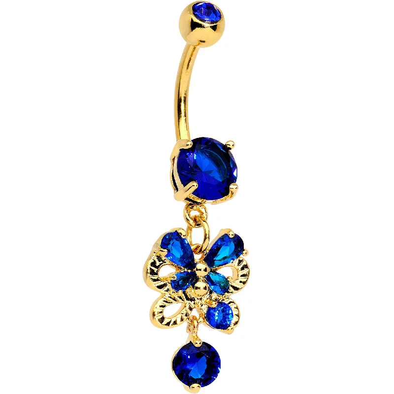 Custom Belly Rings for a Fashionable Look -Blue CZ Gem Gold Tone Anodized Butterfly Bow Dangle Belly Ring Custom Belly Rings for a Fashionable Look -Blue CZ Gem Gold Tone Anodized Butterfly Bow Dangle Belly Ring