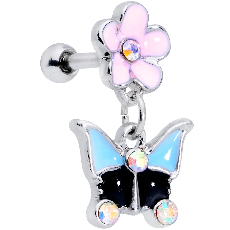 Women's Earrings – Elegant Designs for Every Personality--16 Gauge 1/4 Aurora Gem Flower Butterfly Dangle Cartilage Earring