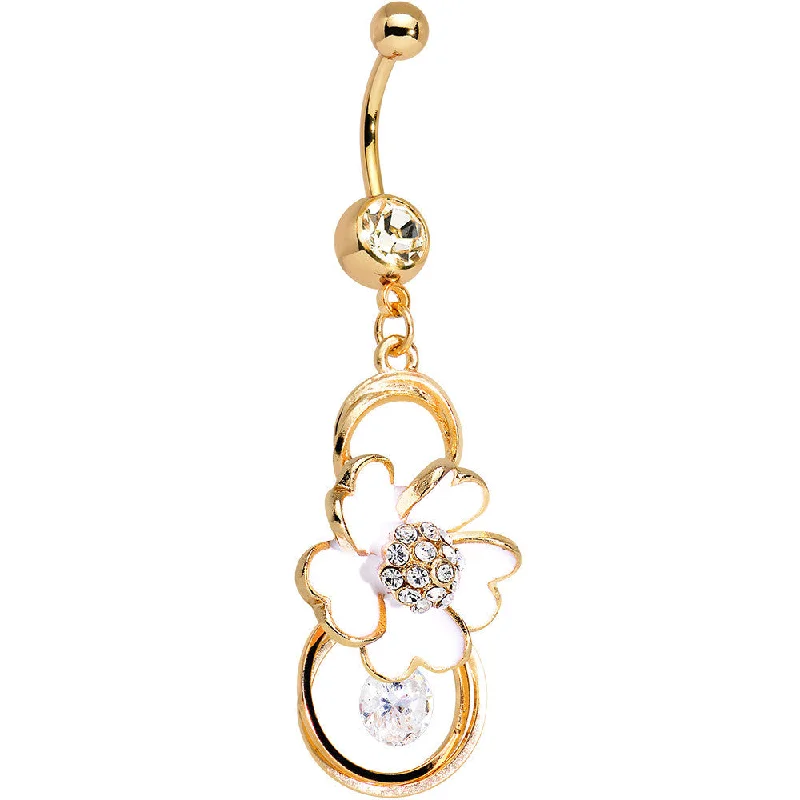Unique Belly Rings for Bold Look -Clear Gem Gold Anodized White Heart Petal Flower Dangle Belly Ring Unique Belly Rings for Bold Look -Clear Gem Gold Anodized White Heart Petal Flower Dangle Belly Ring