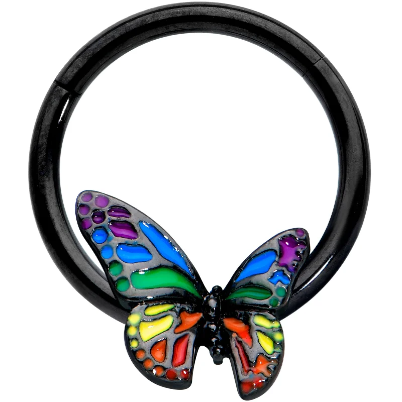 Chic Nose Rings for Classic Looks -16 Gauge 3/8 Black Rainbow Pride Butterfly Hinged Segment Ring Chic Nose Rings for Classic Looks -16 Gauge 3/8 Black Rainbow Pride Butterfly Hinged Segment Ring