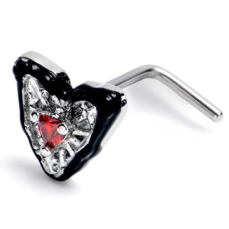 Designer Nose Rings with Precious Stones -20 Gauge 1/4 Red CZ Gem Captured Heart L Shape Nose Ring