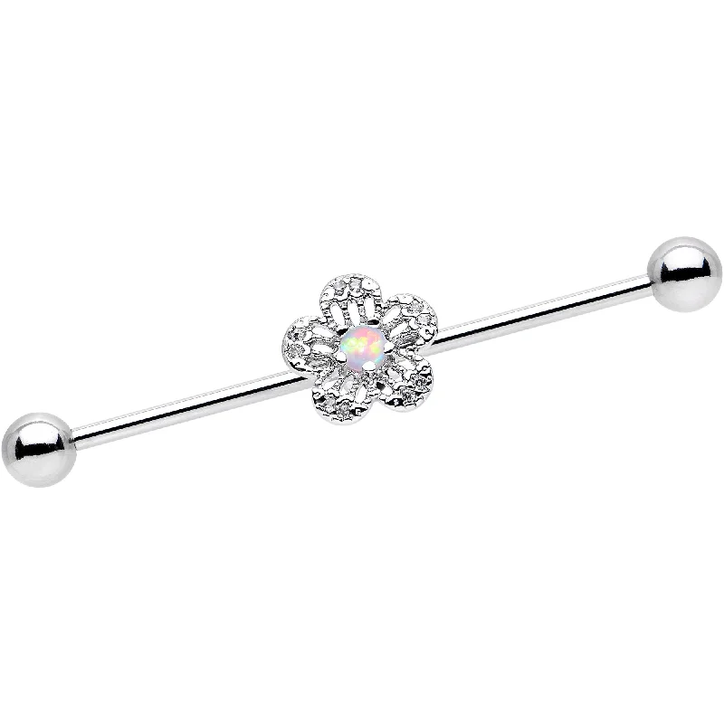 Women's Earrings – Elegant Designs for Every Personality--14 Gauge White Faux Opal Frozen Flower Industrial Barbell 38mm Women's Earrings – Elegant Designs for Every Personality--14 Gauge White Faux Opal Frozen Flower Industrial Barbell 38mm