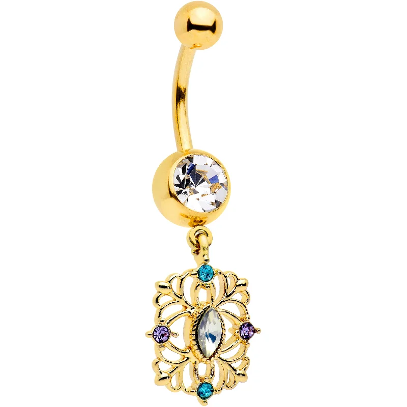 Trendy Belly Rings for Statement Designs -Gold Tone Jeweled Web Flower Dangle Belly Ring Trendy Belly Rings for Statement Designs -Gold Tone Jeweled Web Flower Dangle Belly Ring