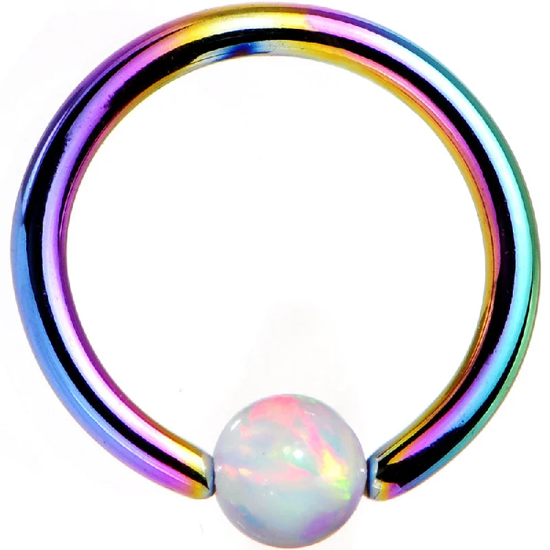 Women's Earrings – Elegant Designs for Every Personality--16 Gauge 5/16 White Synthetic Opal Rainbow IP Steel BCR Captive Ring