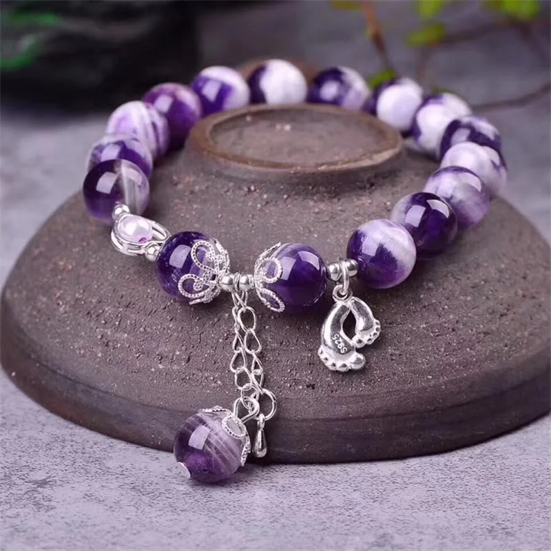 Beaded Bangles for Women-Buddha Stones 925 Sterling Silver Natural Amethyst Healing Feet Love Heart Charm Bracelet