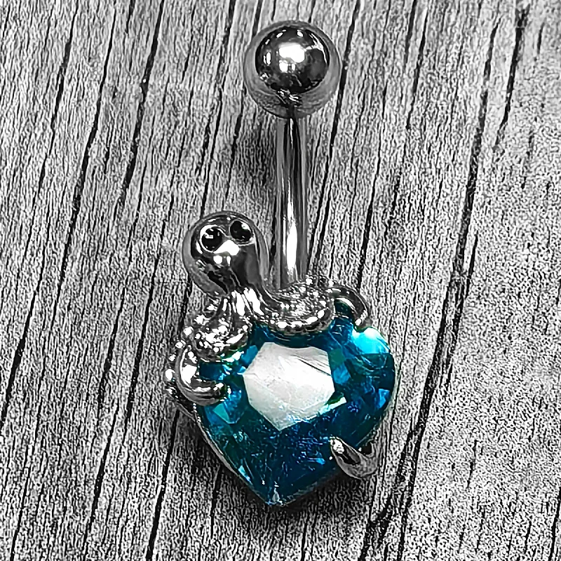 Designer Belly Rings for Personalized Style -Blue Gem Octopus Heart Belly Ring