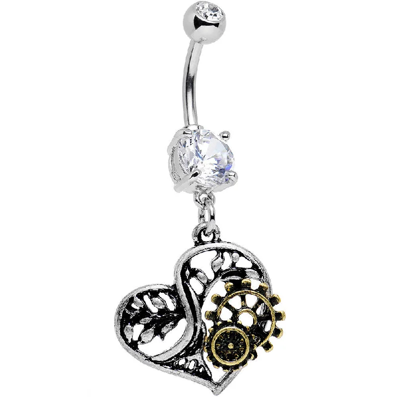 Comfortable Belly Rings with Stylish Detailing -Clear Gem Steampunk Mechanical Heart Dangle Belly Ring Comfortable Belly Rings with Stylish Detailing -Clear Gem Steampunk Mechanical Heart Dangle Belly Ring