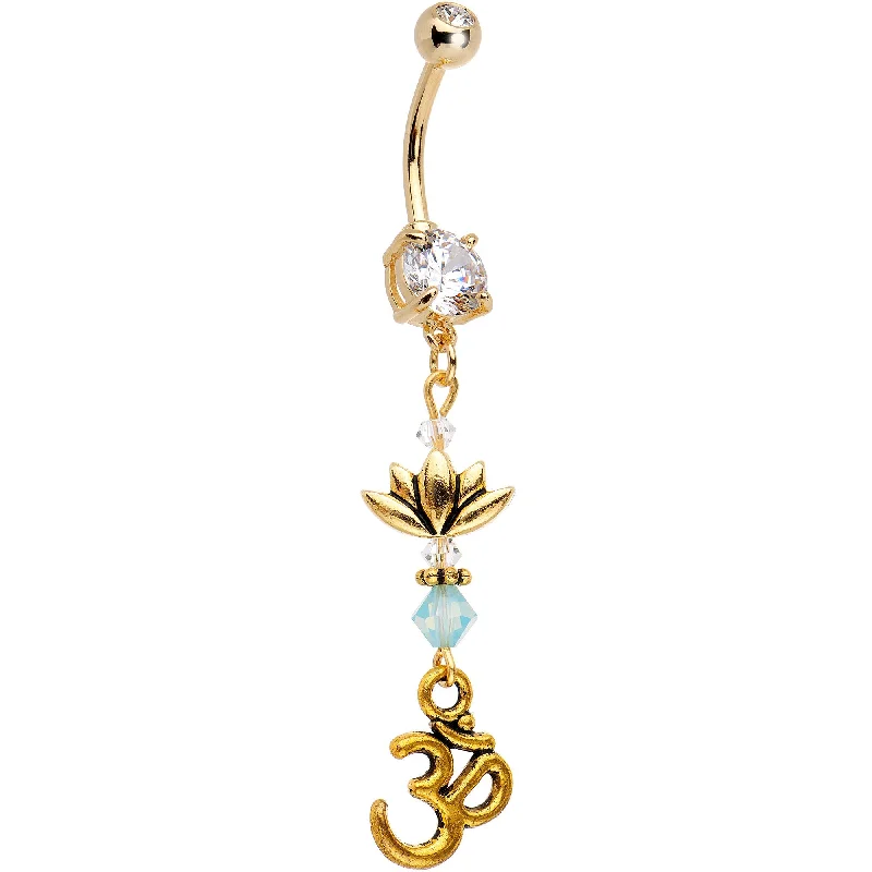 Comfortable Belly Rings for Stylish Piercings -Ohm Lotus Flower Gold Tone Dangle Belly Ring Created with Crystals Comfortable Belly Rings for Stylish Piercings -Ohm Lotus Flower Gold Tone Dangle Belly Ring Created with Crystals