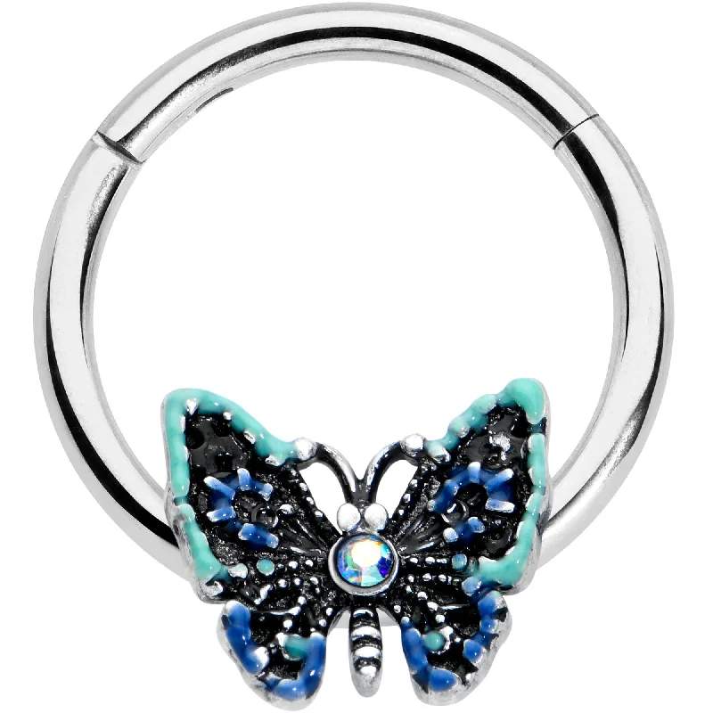 Nose Rings for Sensitive Piercings -16 Gauge 3/8 Aurora Gem Colorful Glam Butterfly Hinged Segment Ring Nose Rings for Sensitive Piercings -16 Gauge 3/8 Aurora Gem Colorful Glam Butterfly Hinged Segment Ring