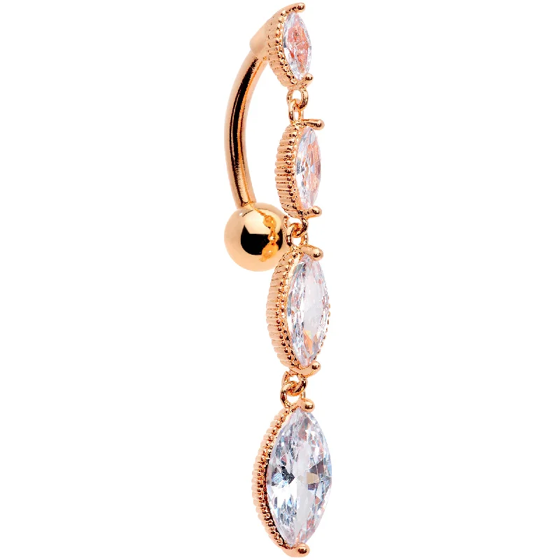 Comfortable Belly Rings with Radiant Detail -Clear CZ Gem Rose Gold Tone Waterfall Dangle Top Mount Belly Ring Comfortable Belly Rings with Radiant Detail -Clear CZ Gem Rose Gold Tone Waterfall Dangle Top Mount Belly Ring
