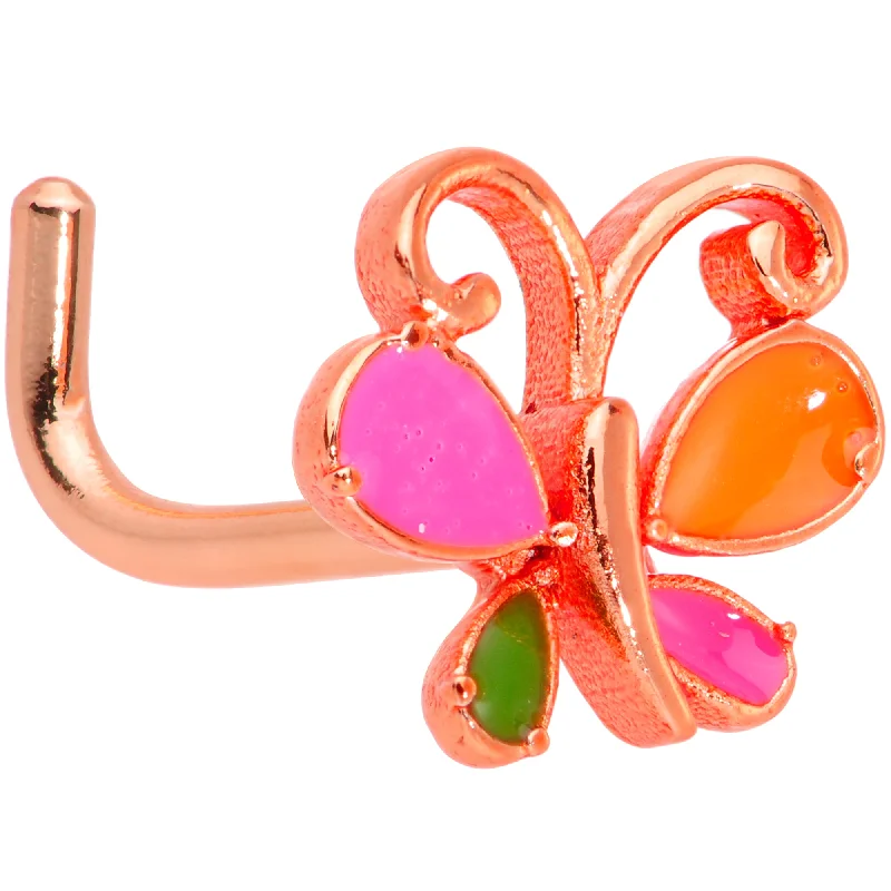 Nose Rings for Party Look -18 Gauge 1/4 Pink Orange Rose Gold Tone Butterfly L Shaped Nose Ring Nose Rings for Party Look -18 Gauge 1/4 Pink Orange Rose Gold Tone Butterfly L Shaped Nose Ring