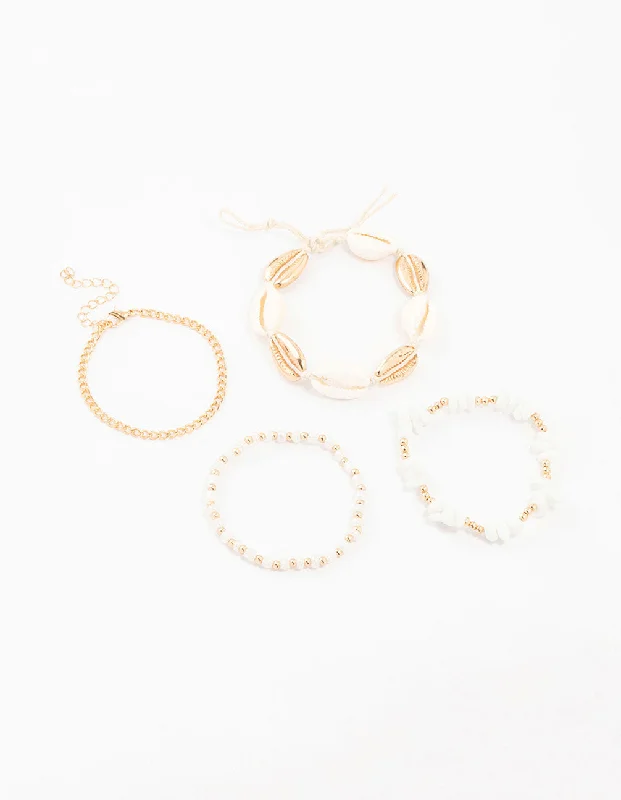 Set of Simple Gold Bangles for Women-Gold Beaded & Large Shell Bracelets 4-Pack