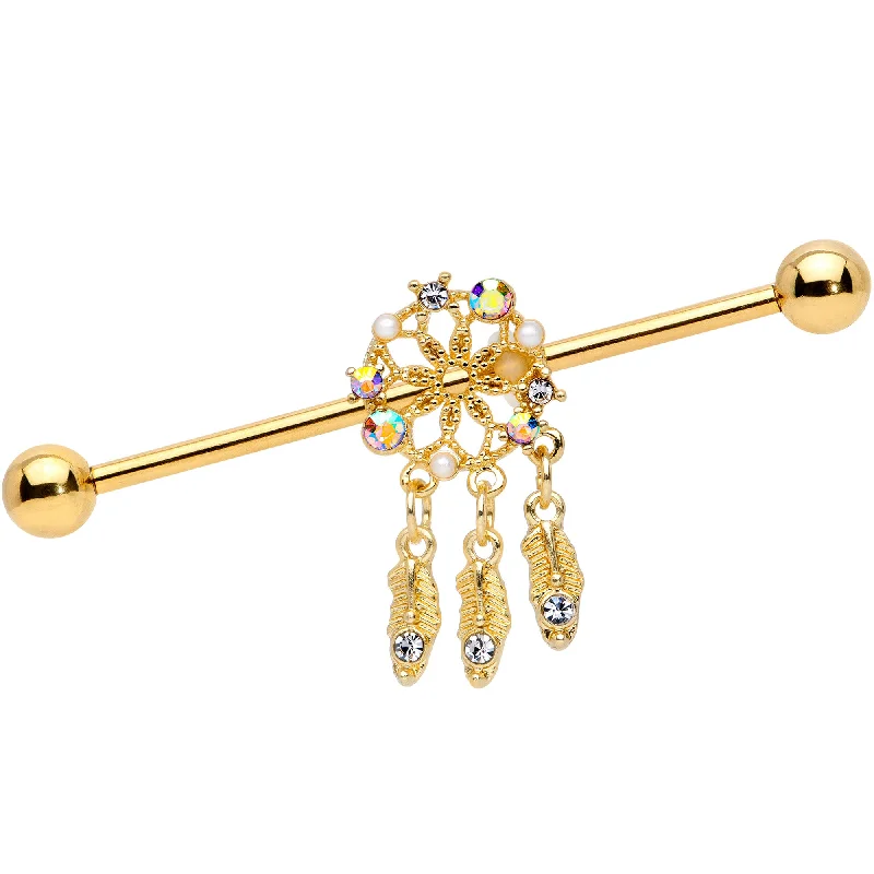 Women's Earrings – Elegant Designs for Every Personality--14 Gauge Aurora CZ Gem Gold Tone Dreamcatcher Industrial Barbell 38mm