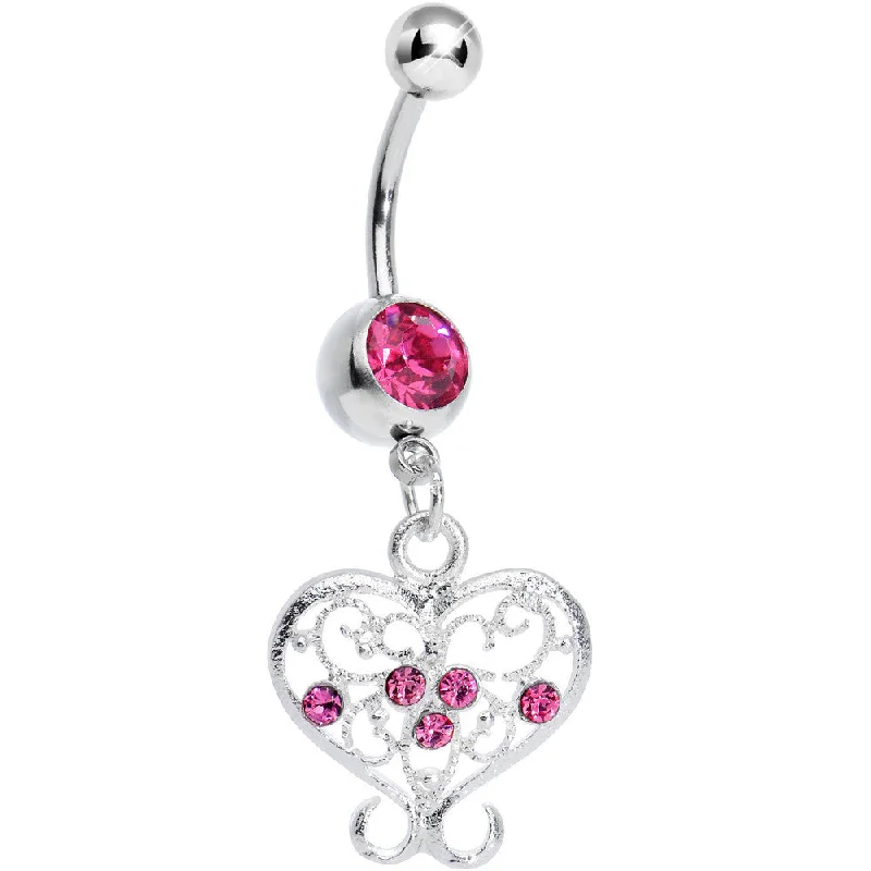 Belly Rings with Unique Shape Designs -Dark Pink Gem Opulent Scrolled Heart Dangle Belly Ring