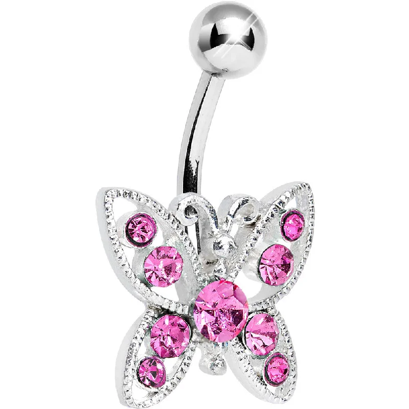 Comfortable Belly Rings for Active Use -Pink Gem Glamorous Butterfly Belly Ring