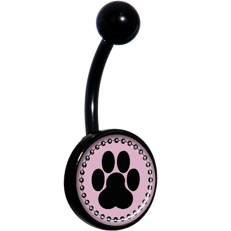Trendy Belly Rings with Sparkling Stones -Black on Pink Paw Print Black Belly Ring