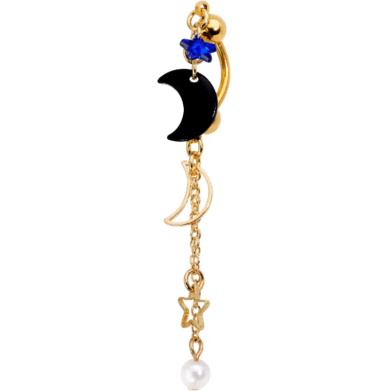 Comfortable Belly Rings for Perfect Fit -Blue Gem Star Gold PVD Cosmic Moons Top Mount Dangle Belly Ring Comfortable Belly Rings for Perfect Fit -Blue Gem Star Gold PVD Cosmic Moons Top Mount Dangle Belly Ring