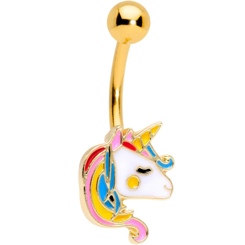 Trendy Belly Rings for Bold Fashionistas -Gold Tone Color Swirl 80s Retro Unicorn Belly Ring Trendy Belly Rings for Bold Fashionistas -Gold Tone Color Swirl 80s Retro Unicorn Belly Ring