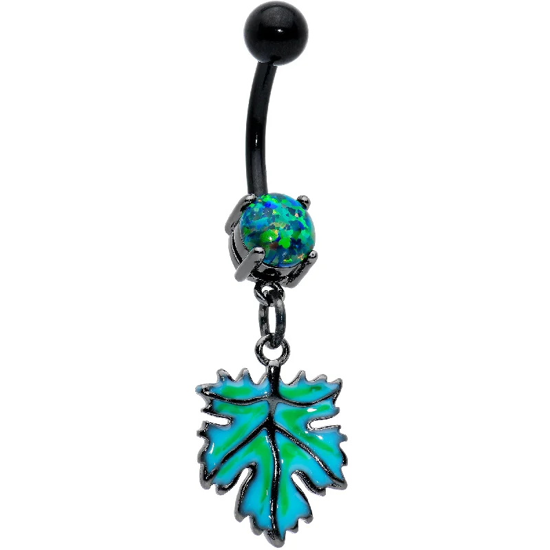 Belly Rings with Colorful Stones for Bold Fashion -Green Synthetic Opal Black Fall Green Leaf Dangle Belly Ring