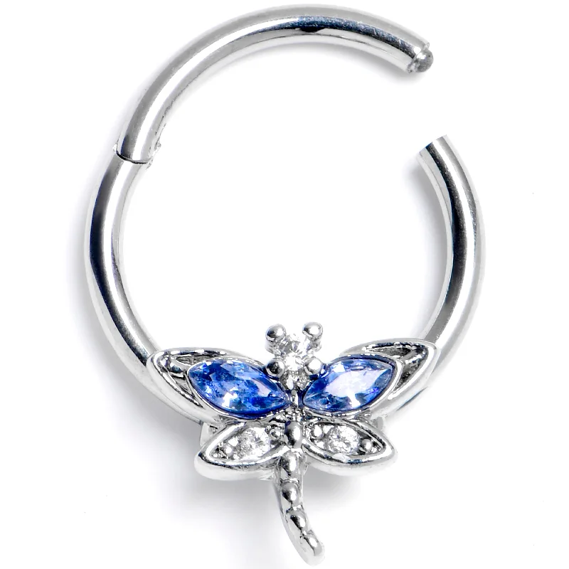 Nose Rings for Evening Events -16 Gauge 3/8 Blue Clear CZ Gem Dragonfly Style Hinged Segment Ring Nose Rings for Evening Events -16 Gauge 3/8 Blue Clear CZ Gem Dragonfly Style Hinged Segment Ring
