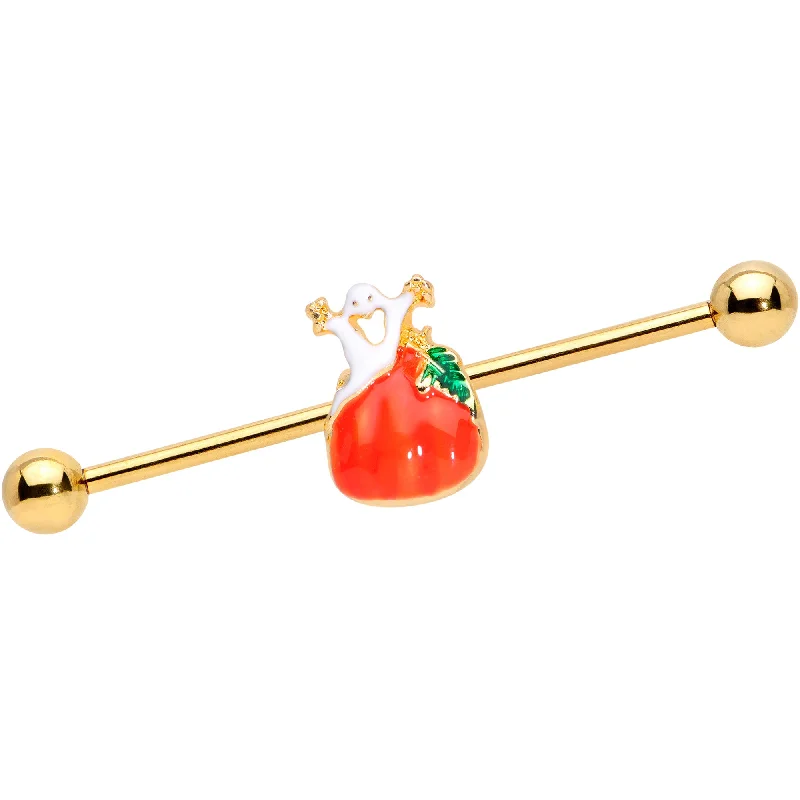 Women's Earrings – Elegant Designs for Every Personality--14 Gauge Gold Tone Haunted Pumpkin Industrial Barbell 38mm