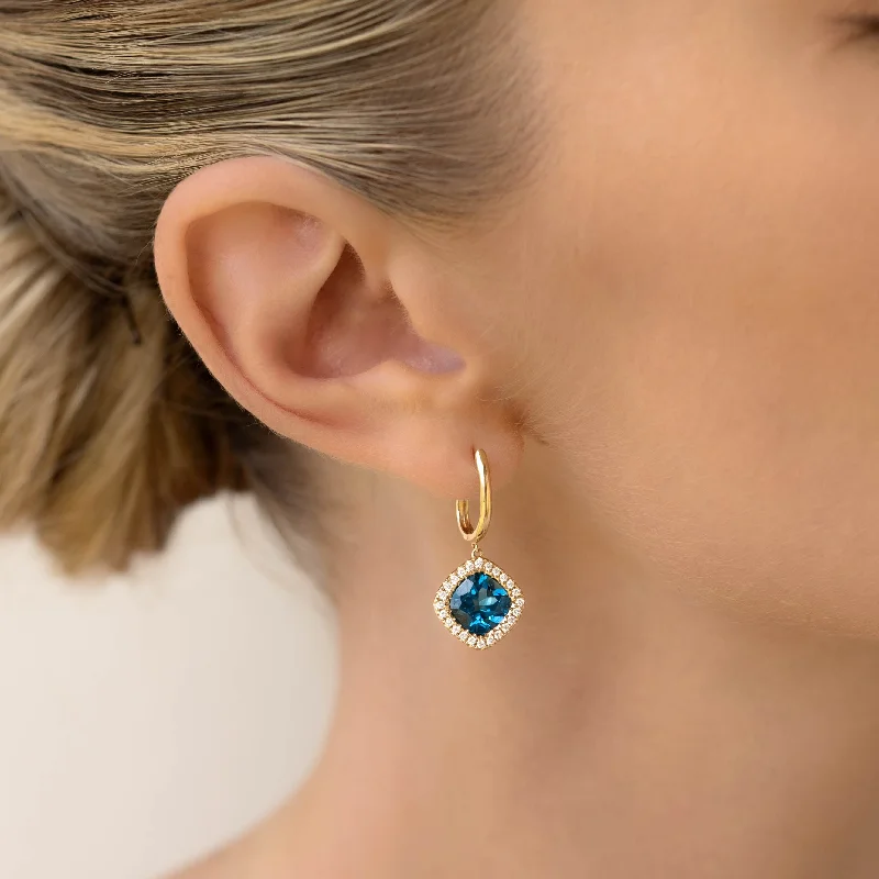 Women's Earrings – Elegant Designs for Every Personality--London Blue Topaz and Diamond Halo Drop Earrings 14k Gold - Elvira Women's Earrings – Elegant Designs for Every Personality--London Blue Topaz and Diamond Halo Drop Earrings 14k Gold - Elvira