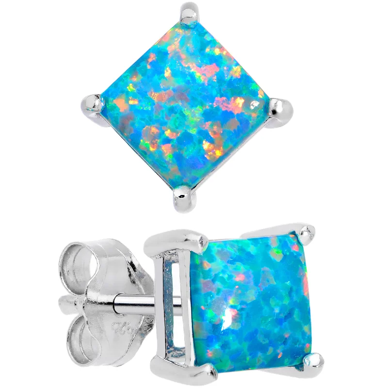 Women's Earrings – Elegant Designs for Every Personality--6mm Teal Square Sterling Silver Synthetic Opal Stud Earrings Women's Earrings – Elegant Designs for Every Personality--6mm Teal Square Sterling Silver Synthetic Opal Stud Earrings